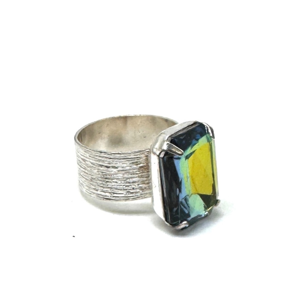 Large Adjustable Cocktail Ring Faceted Glass Wide Band